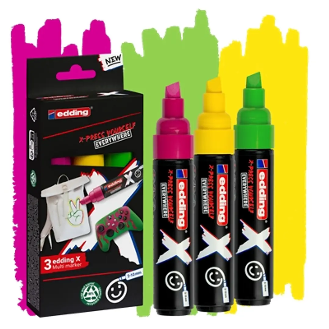 Edding X 6900 Caramelo Pack de 3 Rotuladores Multisuperficie Permanentes de Tinta Opaca - Punta Biselada con Trazo 2-10mm - Color Amarillo, Verde y Ma 1