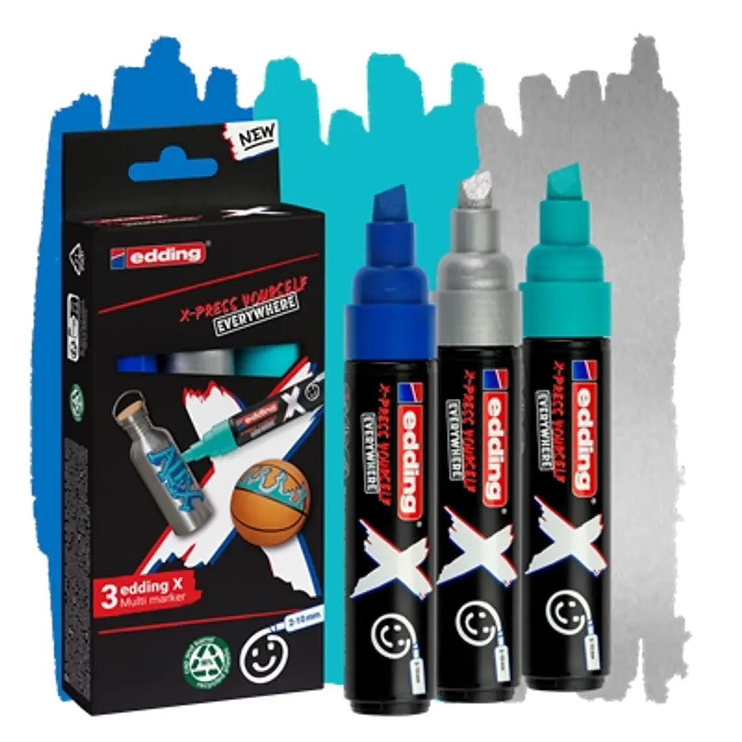 Edding X 6900 Oceano Pack de 3 Rotuladores Multisuperficie Permanentes de Tinta Opaca - Punta Biselada con Trazo 2-10mm - Color Azul, Plata y Turquesa 1