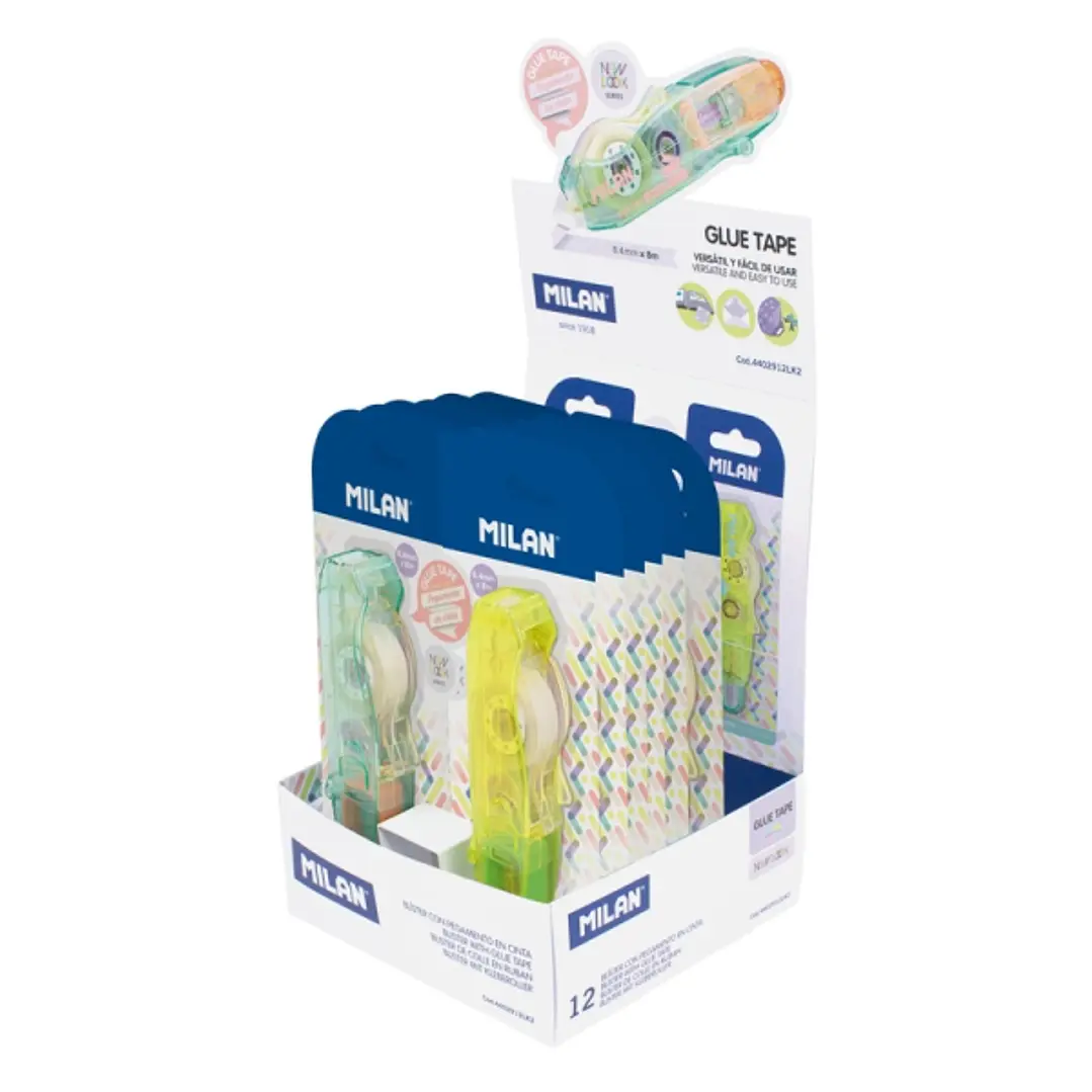 Milan New Look Expositor con 12 Blisters de Pegamento en Cinta - Multiusos - Multisuperficies - 8.4mm x 8m - Colores Surtidos 1