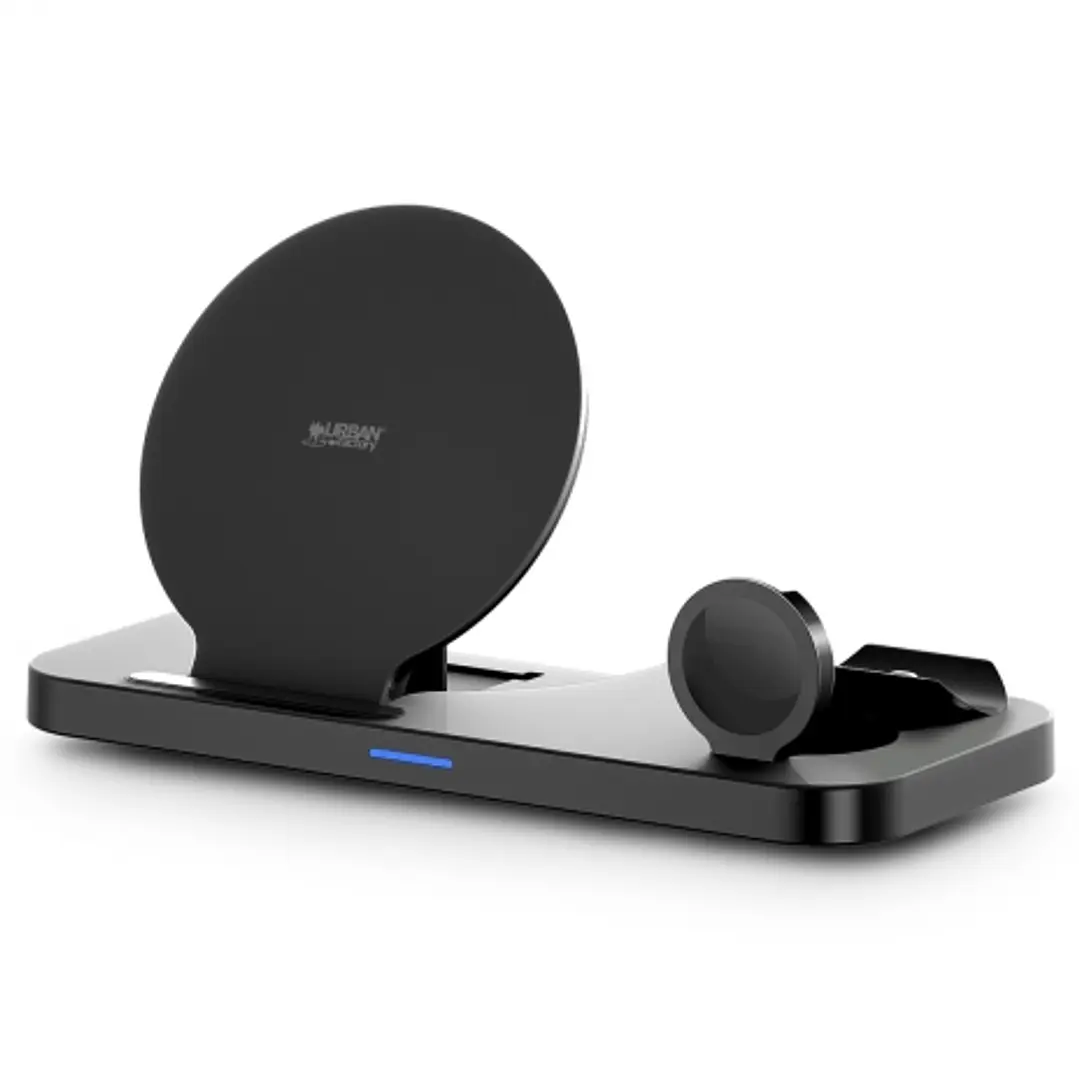 Urban Factory Powee Cargador Inalambrico 3 en 1 con Funcion Soporte 15W - Smartphone / Smartwatch / Auriculares - Color Negro 1