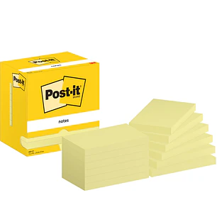 Post-It Pack de 12 Blocs de 100 Notas Adhesivas Reposicionables - Forma Rectangular - 76x127mm - Color Amarillo Claro