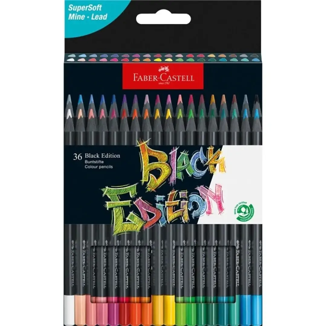 Faber-Castell Black Edition Pack de 36 Lapices de Colores - Mina Supersuave - Madera Negra - Ideales para Dibujo sobre Papel Claro, Oscuro y de Colore 1