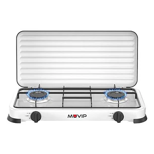 Muvip Vulcano Cocina de Gas con 2 Fuegos - Tapa Protectora - Patas de Goma - Superficie Esmaltada - Quemador Extraible - 57.7x27.8x5.3cm - Color Blanc
