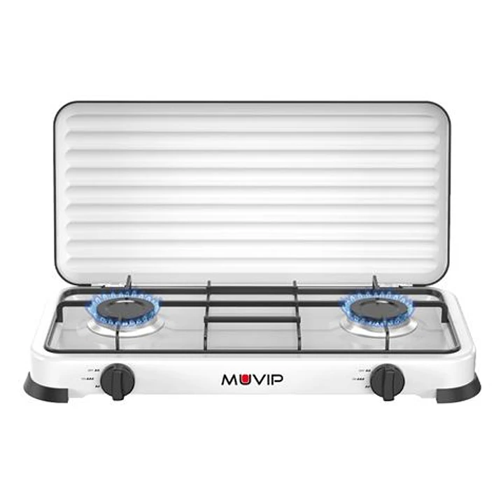 Muvip Vulcano Cocina de Gas con 2 Fuegos - Tapa Protectora - Patas de Goma - Superficie Esmaltada - Quemador Extraible - 57.7x27.8x5.3cm - Color Blanc 1
