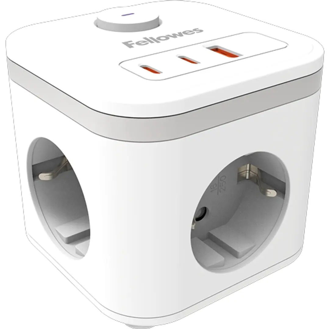 Fellowes Cubo Multienchufes de Sobremesa con 3 Tomas 230V + 2x USB-C 20W max. - 1x USB-A 18W max. - Cable de 2m - Interruptor On/Off - Color Blanco 1