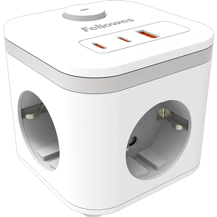 Fellowes Cubo Multienchufes de Sobremesa con 3 Tomas 230V + 2x USB-C 20W max. - 1x USB-A 18W max. - Cable de 2m - Interruptor On/Off - Color Blanco 1