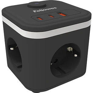 Fellowes Cubo Multienchufes de Sobremesa con 3 Tomas 230V + 2x USB-C 20W max. - 1x USB-A 18W max. - Cable de 2m - Interruptor On/Off - Color Negro