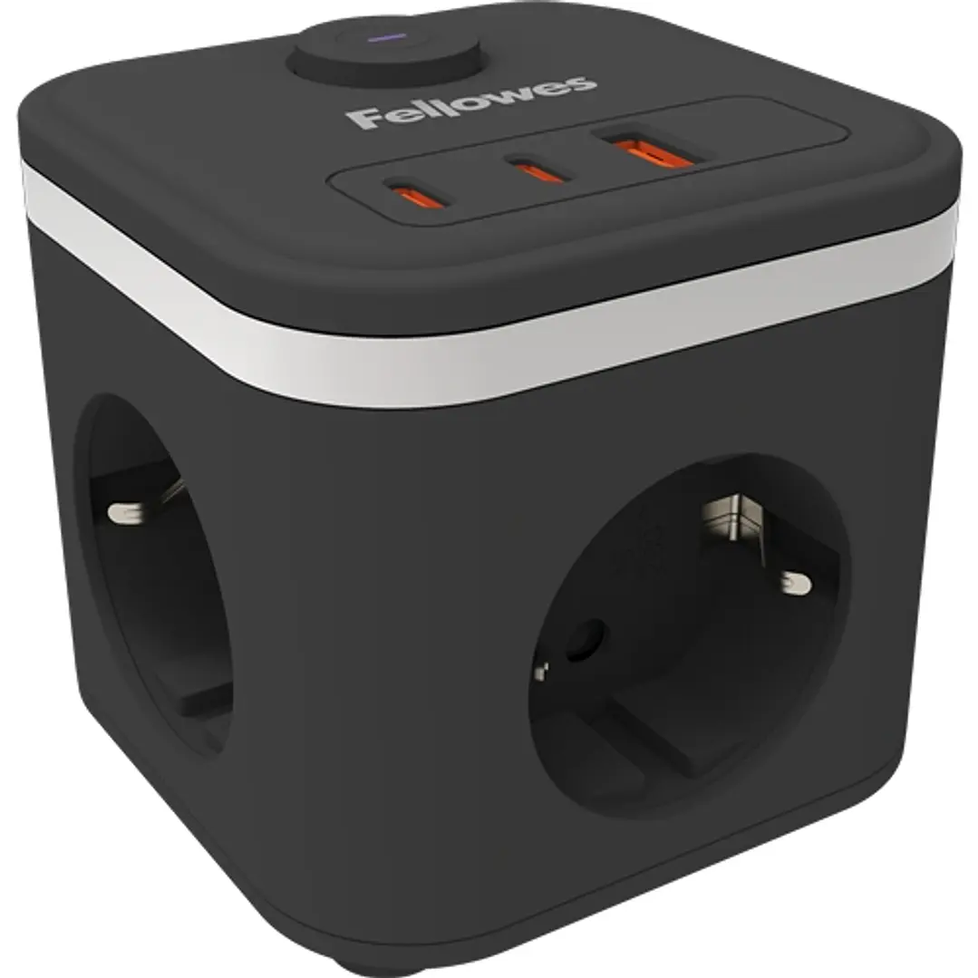 Fellowes Cubo Multienchufes de Sobremesa con 3 Tomas 230V + 2x USB-C 20W max. - 1x USB-A 18W max. - Cable de 2m - Interruptor On/Off - Color Negro 1