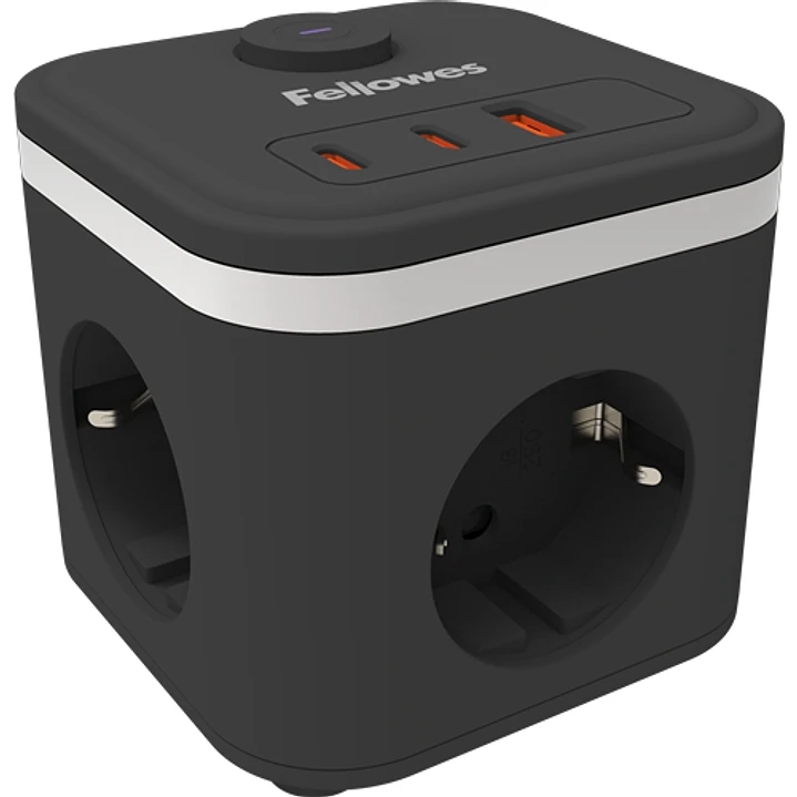 Fellowes Cubo Multienchufes de Sobremesa con 3 Tomas 230V + 2x USB-C 20W max. - 1x USB-A 18W max. - Cable de 2m - Interruptor On/Off - Color Negro 1