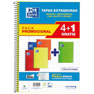 Oxford School Classic Write&Erase Pack 4+1 Fº - Cuaderno Espiral - Tapa Extradura - 1 Linea con Margen - 80 Hojas - Colores Surtidos