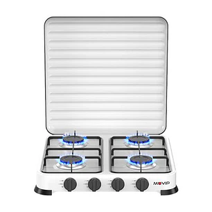 Muvip Vulcano Cocina de Gas con 4 Fuegos - Tapa Protectora - Patas de Goma - Superficie Esmaltada - Quemador Extraible - 47.8x47.8x60cm - Color Blanco