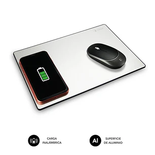 Subblim Alfombrilla de Escritorio Aluminio - Tamaño 10x10cm - Cargador Inalambrico Para Smartphone - Base Antideslizante - Bordes Reforzados
