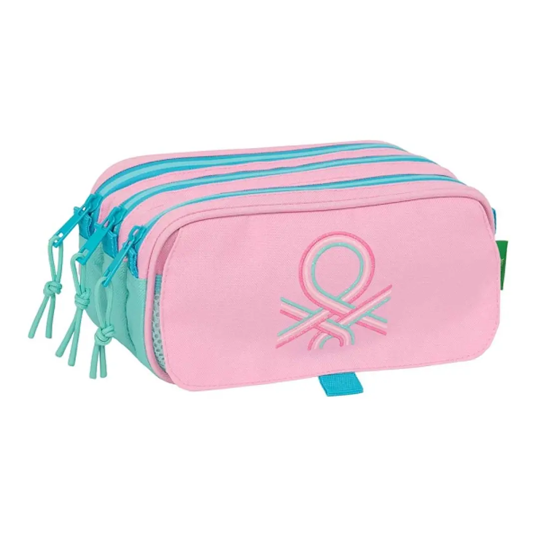 Safta Benetton Dolce Portatodo - 3 Compartimentos con Cremalleras - Bolsillo Frontal - Cinta Adaptable - 1.72L - 215x80x100mm - Color Rosa Pastel 1