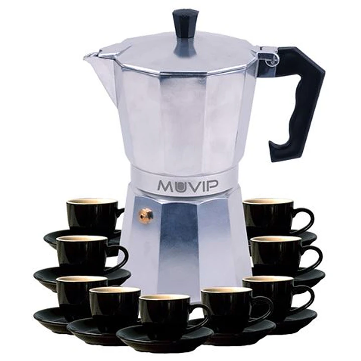 Muvip MV0605 Cafetera de Aluminio - Capacidad 9 Tazas - Mango de Baquelita Termoresistente Ergonomico - Apta para Placas Electricas, Vitroceramicas, G 1
