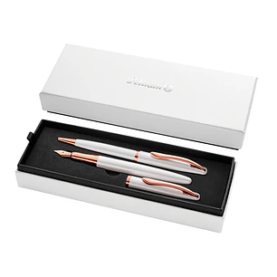 Pelikan Jazz Noble Set de Boligrafo y Estilografica - Cuerpo Satinado con Detalles Cromados - Incluye Estuche de Regalo - Color Perla