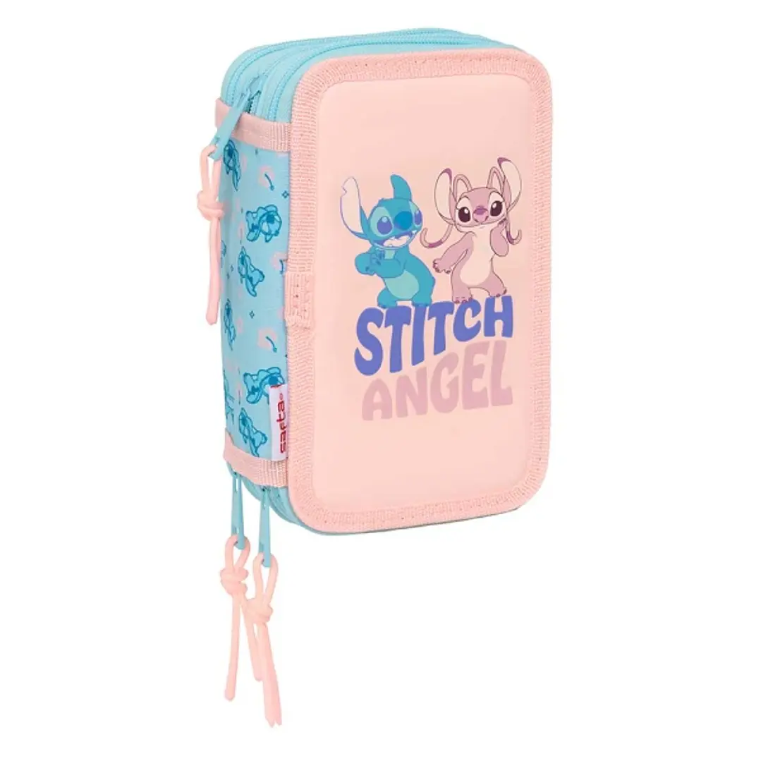 Safta Stitch Ohana Plumier de 3 Pisos - 37 Piezas - 1.3L - Goma - Lapiz - Boligrafos - Sacapuntas - Reglas - 16 Colores - 14 Rotuladores - 125x55x195m 1