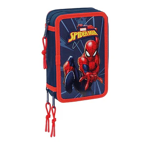 Safta Spider-Man Plumier de 3 Pisos - 37 Piezas - 1.3L - Goma - Lapiz - Boligrafos - Sacapuntas - Reglas - 16 Colores - 14 Rotuladores - 125x55x195mm 