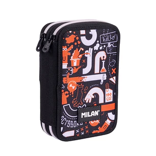 Milan Fingers Plumier de 2 Pisos con Regla - Sacapuntas - Gomas de Borrar - Lapices de Grafito y de Colores - Rotuladores - Boligrafo Azul - 19.5x13x5