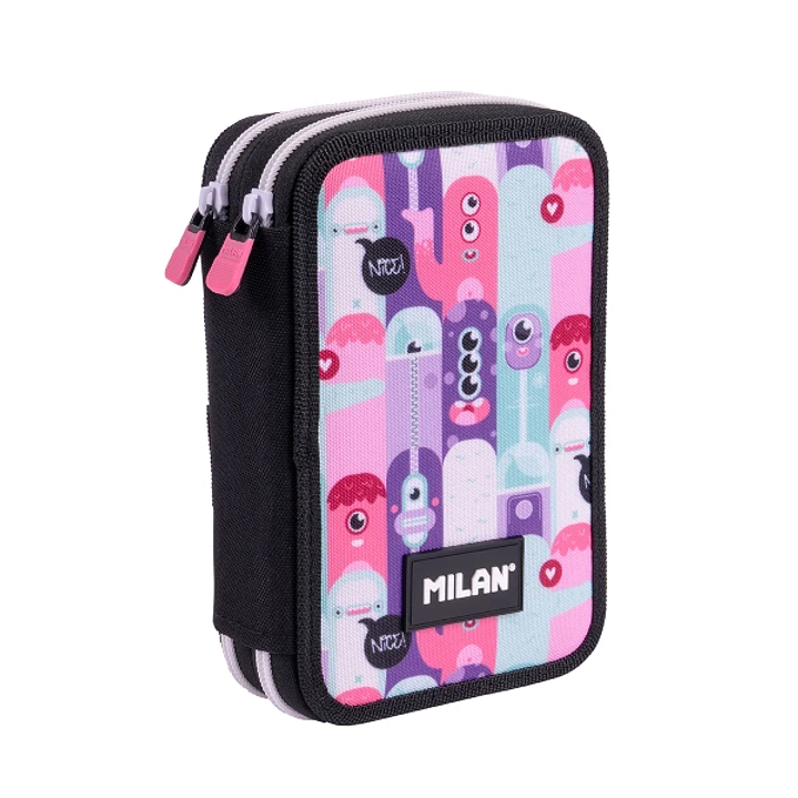 Milan Aliens 2 Plumier de 2 Pisos con Regla - Sacapuntas - Gomas de Borrar - Lapices de Grafito y de Colores - Rotuladores - Boligrafo Azul - 19.5x13x 1