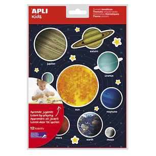Apli Gomets Tematicos Sistema Solar - 240 Gomets en 12 Hojas - Adhesivo Removible - Ideal para Aprendizaje Visual y Habilidades Motoras - Adhesivo Bas