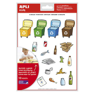 Apli Pack de 276 Gomets con Tematica El Reciclaje - Adhesivo Removible - Ilustraciones Divertidas - Ideal para Escuelas - 100% Reciclables