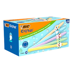 Bic Cristal Pastel Figurines Pack con 20 Boligrafos de Bola - Cuerpo Opaco en Colores Pastel con Figuras de Animales - Punta Redonda de 1mm - Trazo 0.