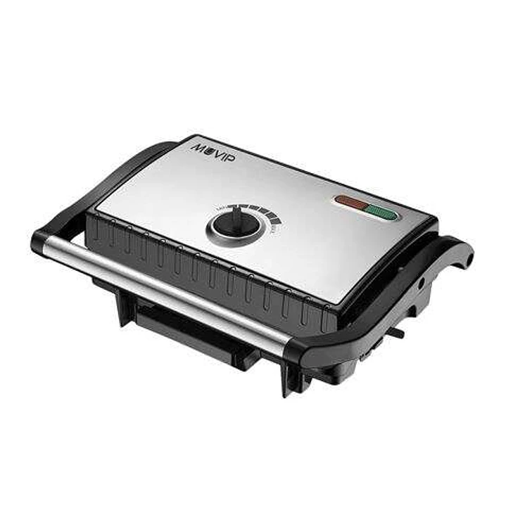 Muvip Sandwichera Inox Placa Lisa 1500W - Temperatura Regulable - Placa Superior Basculante - Presion Uniforme - Asa Tacto Frio 1