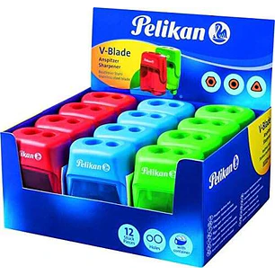 Pelikan V-Blade Sacapuntas Doble Orificio + Deposito - Colores Azul, Rojo y Verde