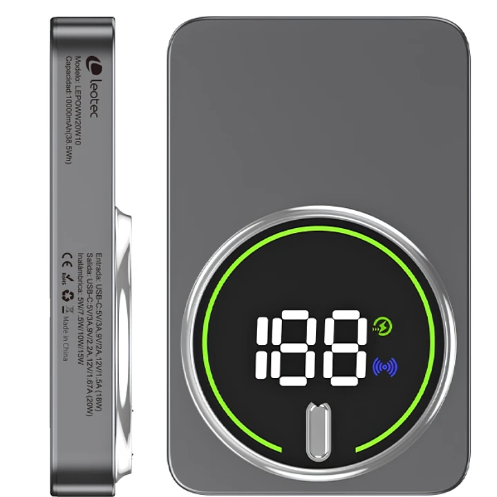 Leotec Powerbank Inalambrico 10.000 mAh -  PD 20W - Qi 15W - Color Gris 1