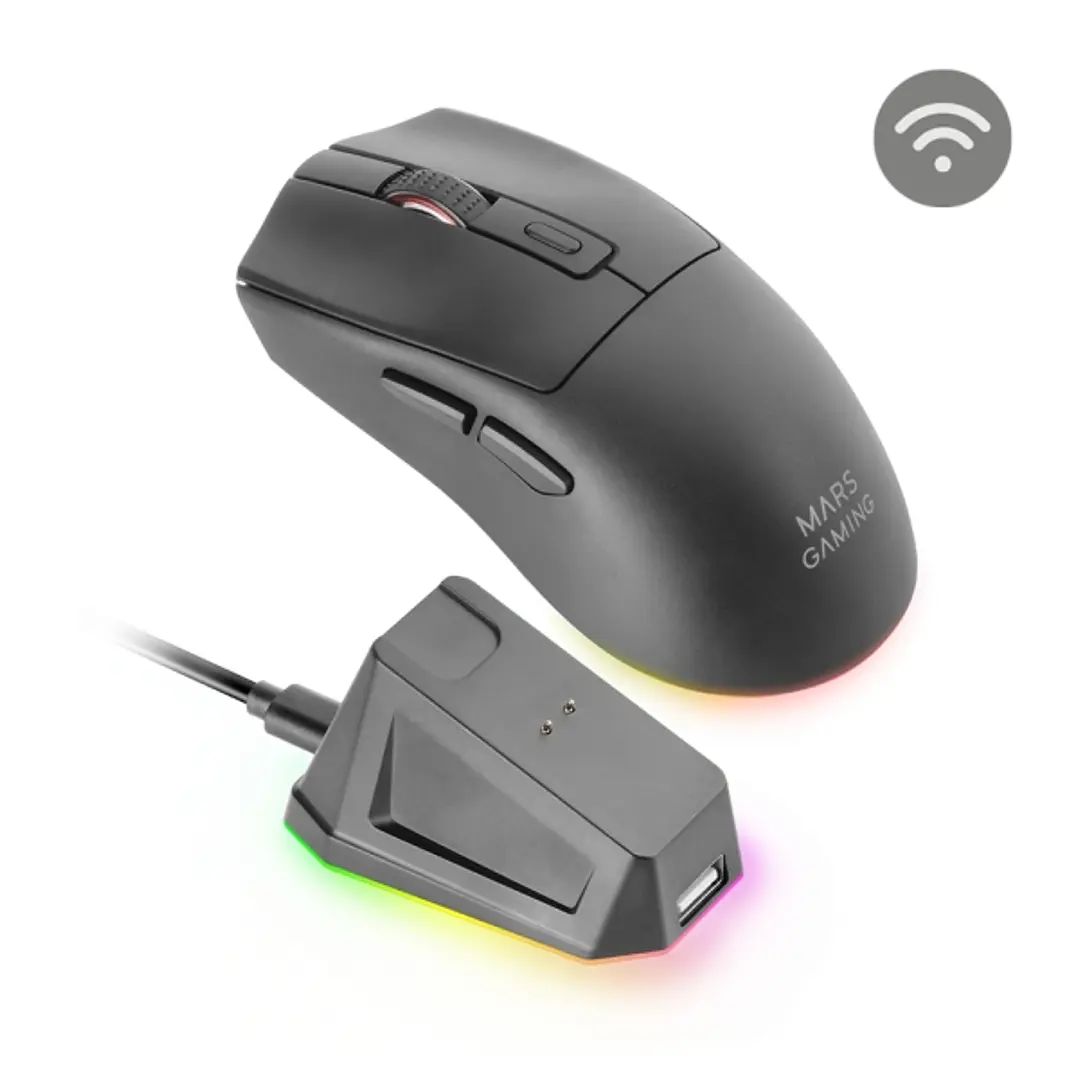 Mars Gaming MM-T3 Raton Inalambrico Ultraligero - 14400dpi - Bluetooth 5.0 - Rf 2.4Ghz - Switches HUANO - Base con Luces RGB - 7 Botones Configurables 1