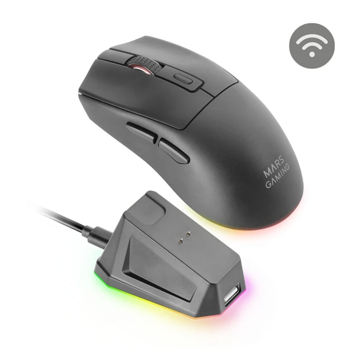 Mars Gaming MM-T3 Raton Inalambrico Ultraligero - 14400dpi - Bluetooth 5.0 - Rf 2.4Ghz - Switches HUANO - Base con Luces RGB - 7 Botones Configurables 1