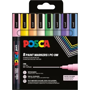 Posca PC3M Pack de 8 Marcadores de Pintura - Punta Conica 0.9-1.3mm - Tinta Base al Agua - Resistente a la Luz  - Ideal para Carteleria y Decoracion -