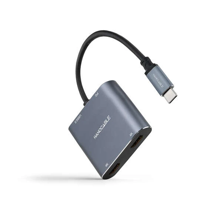 Nanocable Conversor USB-C a 2x HDMI, 1x USB 2.0 y 1x USB-C PD - Longitud del Cable 15cm - Color Gris 1
