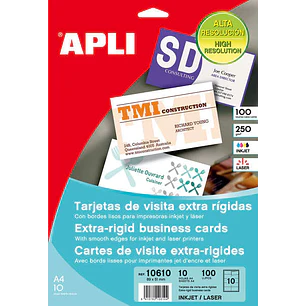 Apli Pack de 100 Tarjetas de Visita 250g - 10 Hojas por 10 Trajetas - Cantos Rectos - Color Blanco Mate