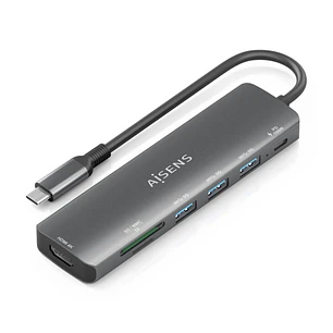 Aisens USB-C Dock 7 en 1 - USB-C a 1xHDMI - 3xUSB-A - 1xUSB-C 100W - 1xSD - 1xMicroSD - 15cm - Color Gris