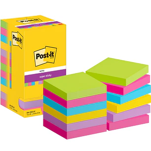 Post-It Super Sticky Pack de 12 Blocs de 90 Notas Adhesivas Reposicionables - Forma Cuadrada - 76x76mm - Colores Surtidos