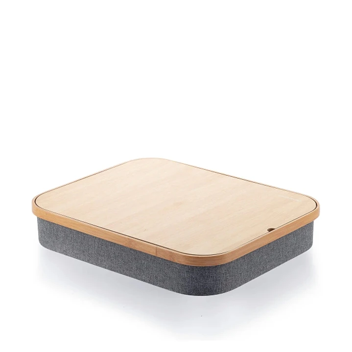 Innovagoods Larage Soporte para Portatil - Multifuncion - Bandeja de Almacenaje - Correa Interior de Sujecion - 40.5x33x6.5cm - Color Madera y Gris 1