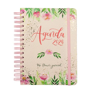 Finocam Flower Journal Agenda de Espiral - Anual 2026 - Tapa Dura - Cierre de Goma - Formato E10 - 155X212mm - 1 Dia por Pagina - Color Rosa