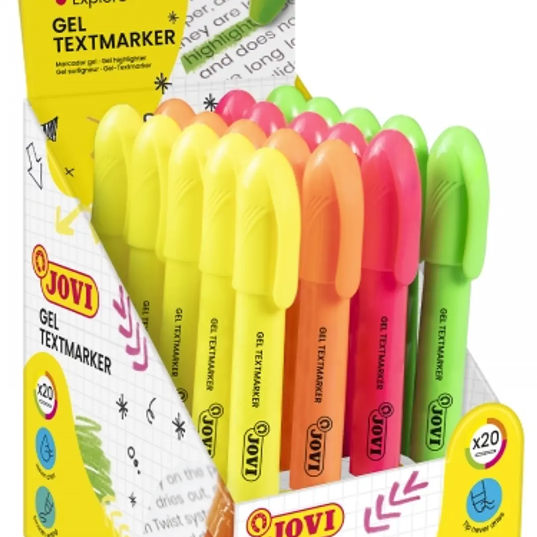 Jovi Gel Textmarker Expositor con 20 Marcadores de Texto - Colores Fluorescentes - No Necesitan Punta - Deslizamiento Suave - No Traspasan - Secado Ra 1