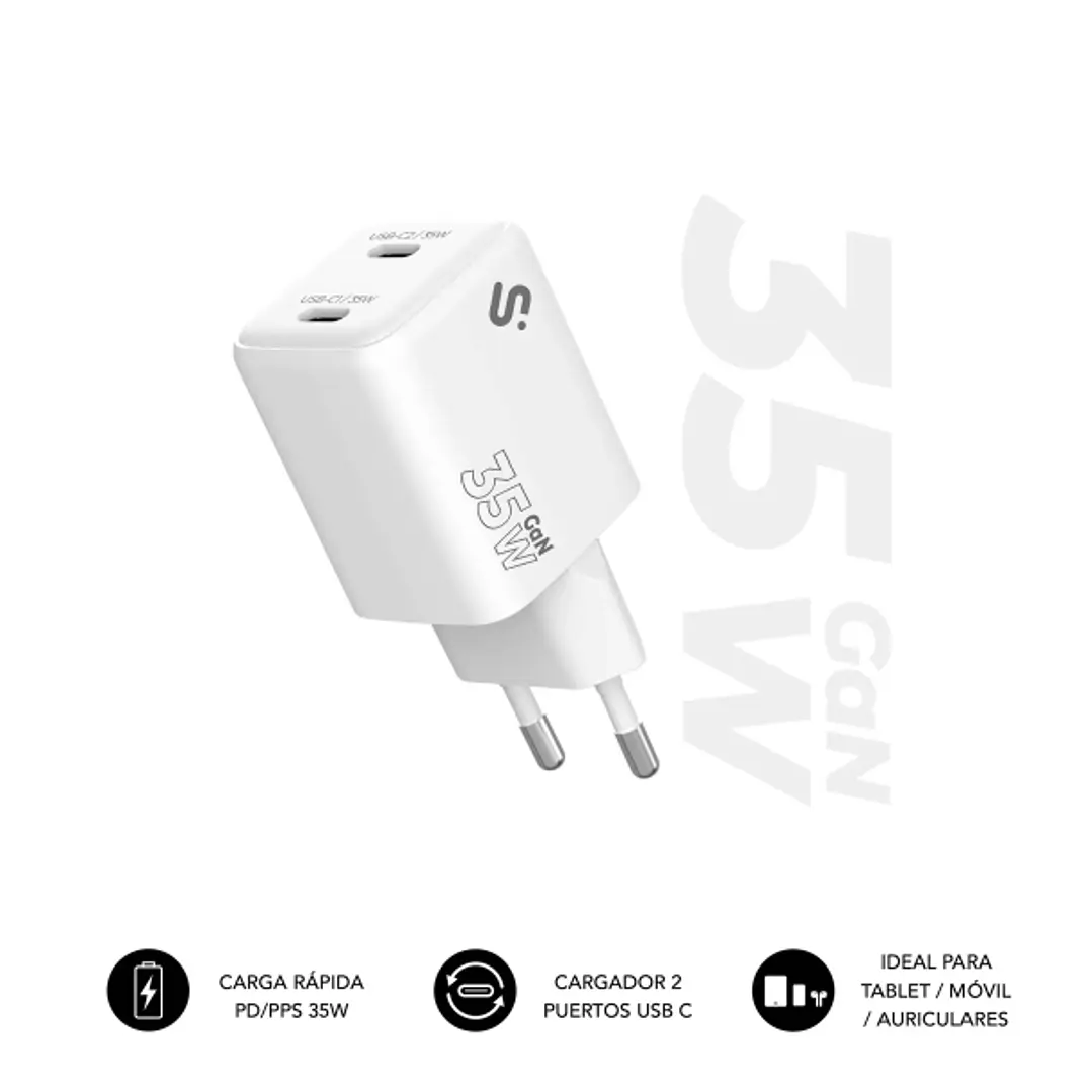 Subblim Cargador de Pared GaN 35W - 2xUSB-C -  Carga rápida - Color Blanco 1