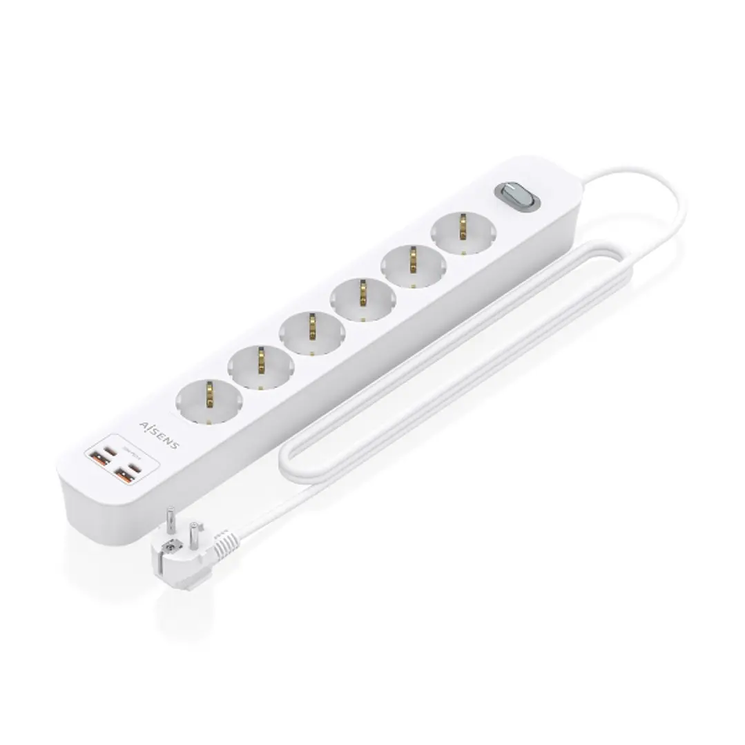 Aisens Regleta con 6 Tomas Schuko - 2xUSB-C - 2xUSB-A - Cable de 1.4m - Interruptor con Indicador LED - Power Delivery - Qualcomm 3.0 - Color Blanco 1