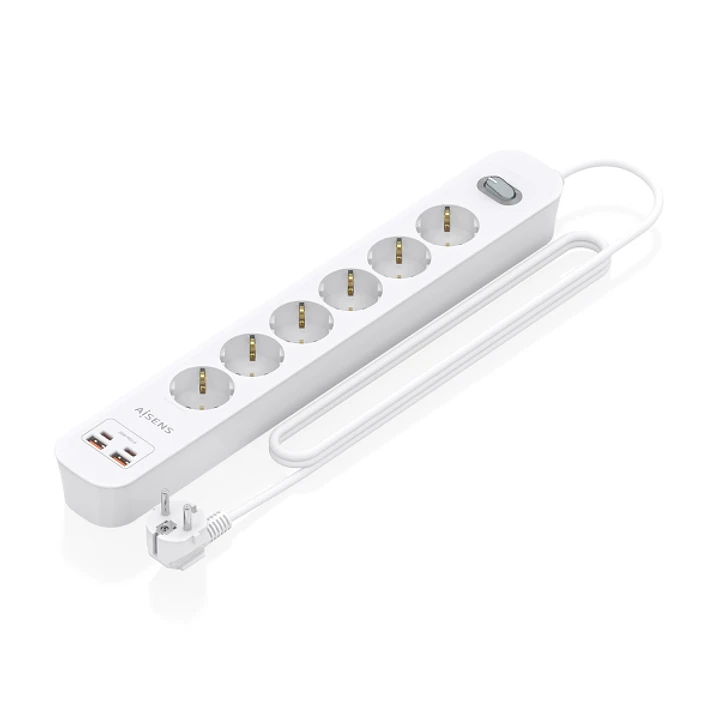 Aisens Regleta con 6 Tomas Schuko - 2xUSB-C - 2xUSB-A - Cable de 1.4m - Interruptor con Indicador LED - Power Delivery - Qualcomm 3.0 - Color Blanco 1