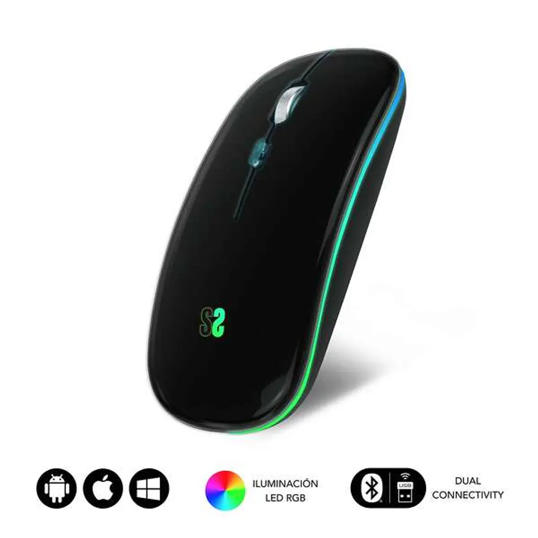 Subblim Raton LED Dual Flat - Conectividad Dual - Tecnologia Silent Click - Iluminacion LED en 7 Colores - Color Negro 1