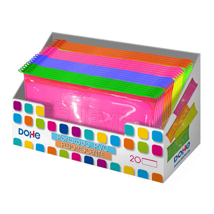 Dohe Expositor con 20 Portatodos Simples Planos - Fabricados en PVC de 280 Micras Transparente Fluorescente - Cierre de Cremallera - Colores Surtidos 1