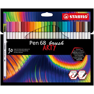 Stabilo Pen 68 Brush Arty Pack de 30 Rotuladores - Punta de Pincel - Tinta a Base de Agua - Colores Surtidos