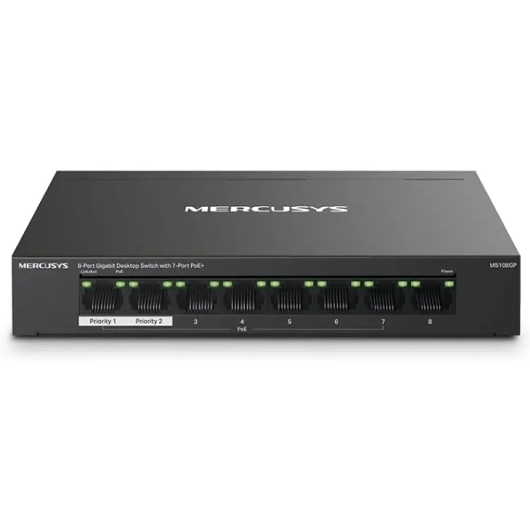Mercusys Switch 8 Puertos Gigabit RJ45 10/100/1000Mbps - 7 Puertos PoE - Diseño Compacto - Plug & Play - Carcasa de Metal 1