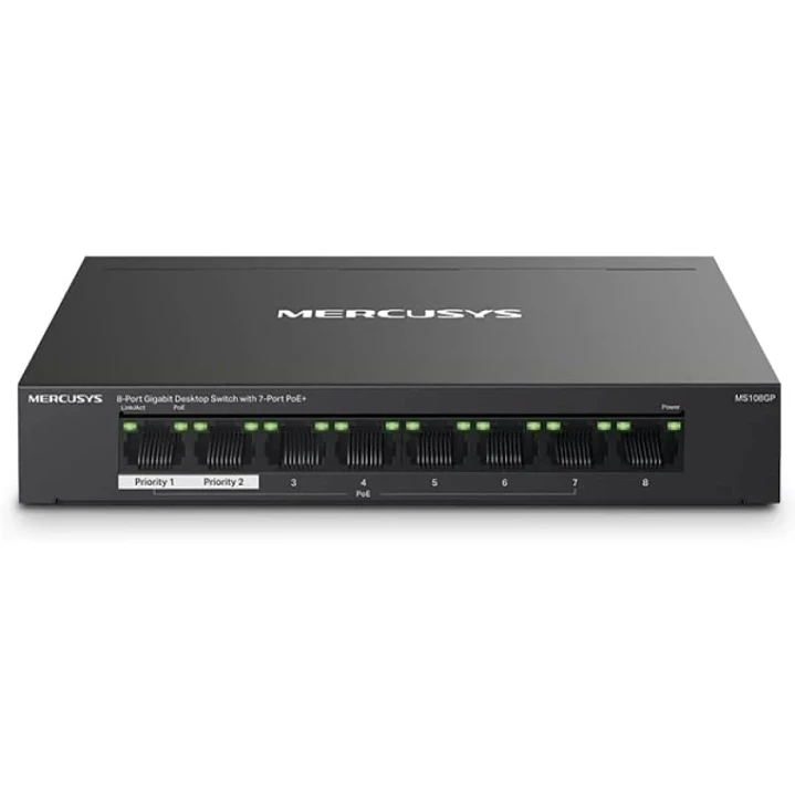 Mercusys Switch 8 Puertos Gigabit RJ45 10/100/1000Mbps - 7 Puertos PoE - Diseño Compacto - Plug & Play - Carcasa de Metal 1