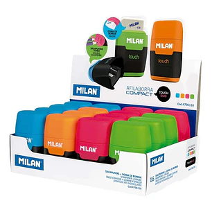 Milan Compact Fluo Expositor de 16 Afilaborras - Uso Estandar y Maxi - Cuchilla de Acero - Goma de Borrar - Cuchilla de Seguridad - Colores Surtidos