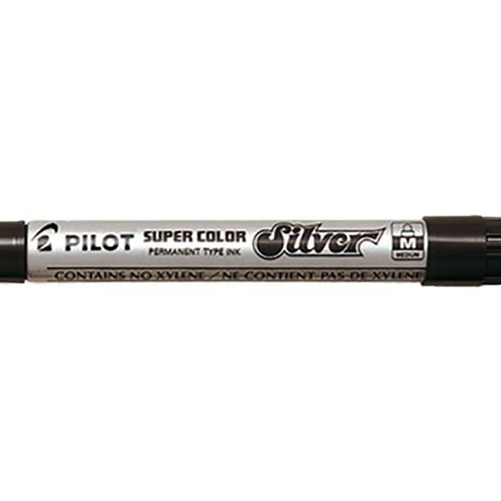 Pilot Super Color Rotulador Permanente Medio - Punta de 4,5mm de Poliacetal - Tinta muy Densa y Opaca - Cuerpo Metalico - Color Plata 1
