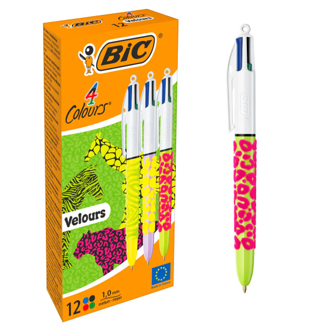 Bic 4 Colours Velours Boligrafo de Bola Retractil - Punta Media de 1.0mm - Tinta con Base de Aceite - Cuerpo con Relieve Suave al Tacto - 4 Colores de 1